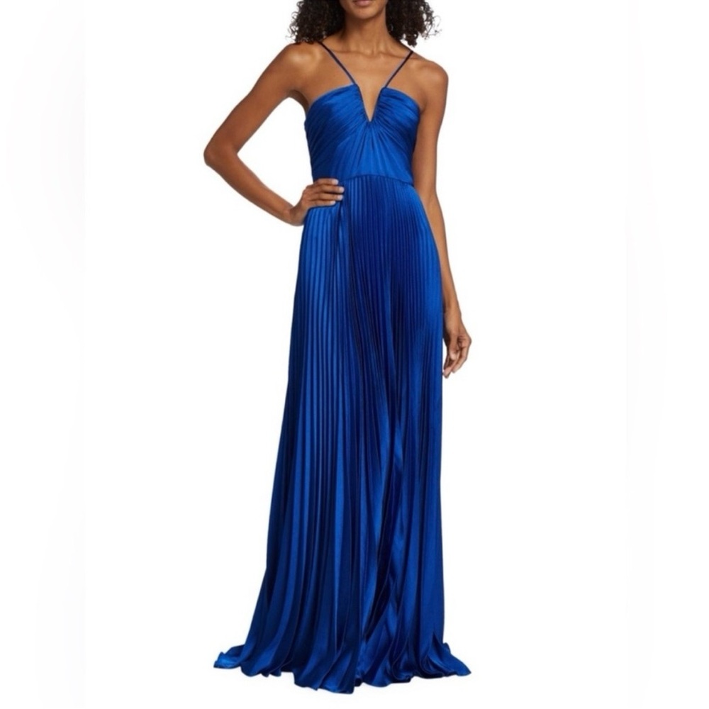 Monique Lhuillier Cobalt Blue Pleated Dress with Spaghetti Straps